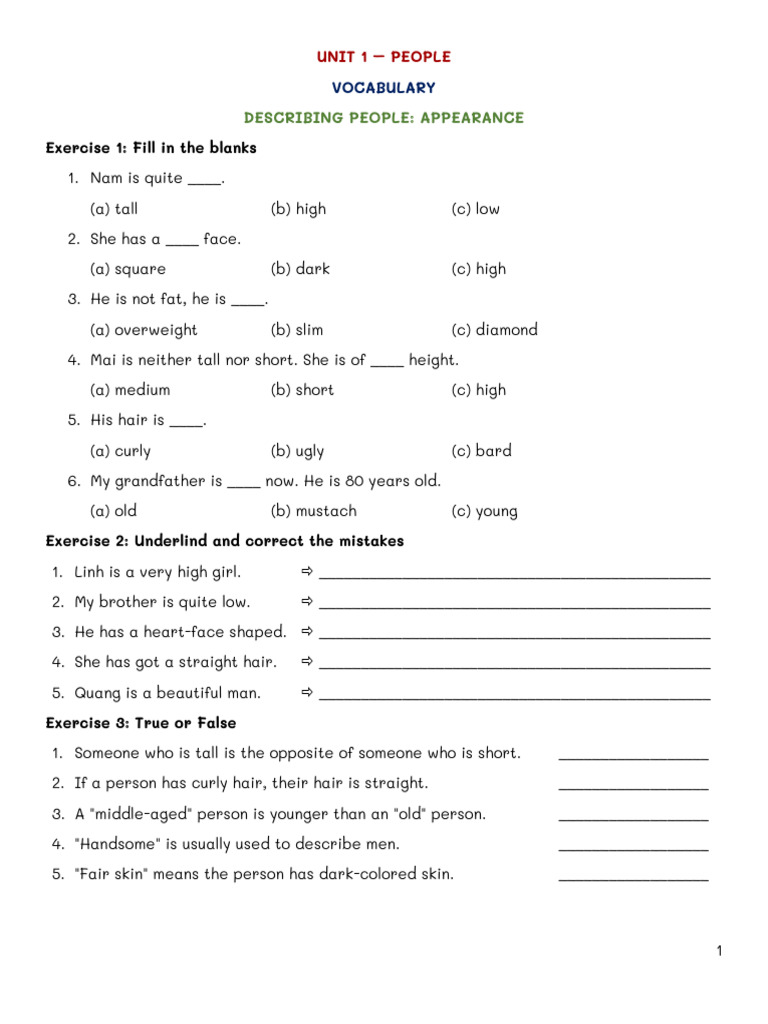 Unit 1: Describing People | PDF | Verb | Noun