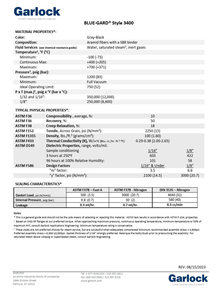 Garlock 3400 Spec Sheet Overview | PDF | Materials | Mechanical Engineering