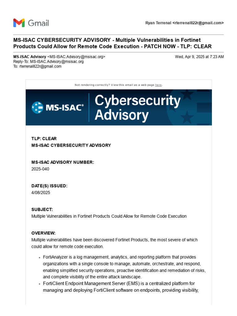 MS-ISAC CYBERSECURITY ADVISORY - Multiple Vulnerabilities in Fortinet ...