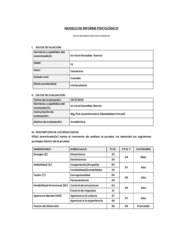 Informe de Evaluación Psicológica BFQ | PDF | Las emociones | Empatía
