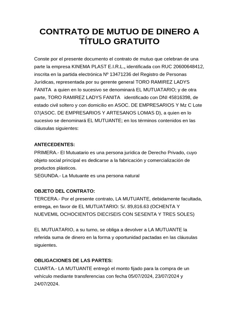 Contrato de Mutuo de Dinero A Título Gratuito Con Cronograma | PDF