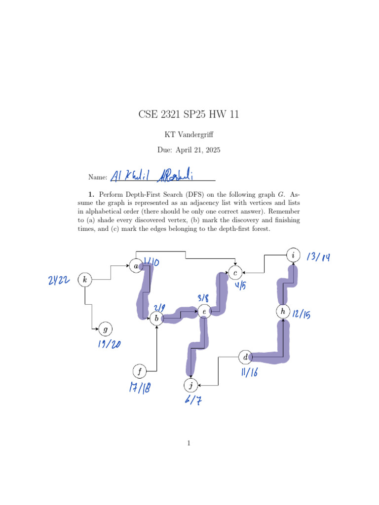 CSE+2321+SP25+Vandergriff+Homework+11 | PDF | Vertex (Graph Theory ...