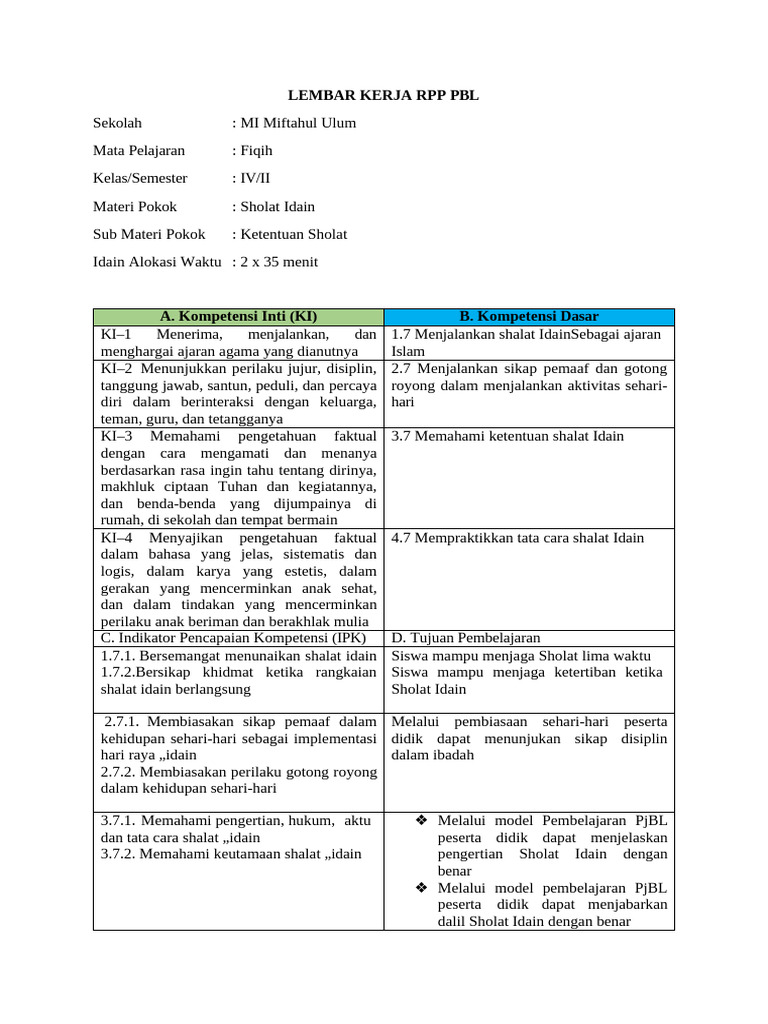 Lembar Kerja RPP PBL | PDF
