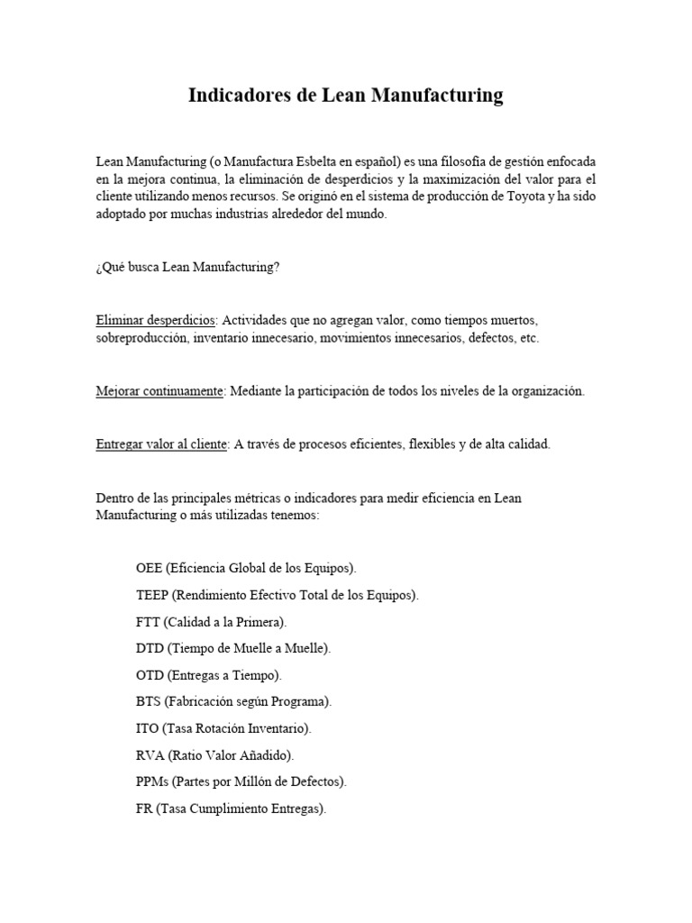 Indicadores Clave de Lean Manufacturing | PDF | Lean Manufacturing ...