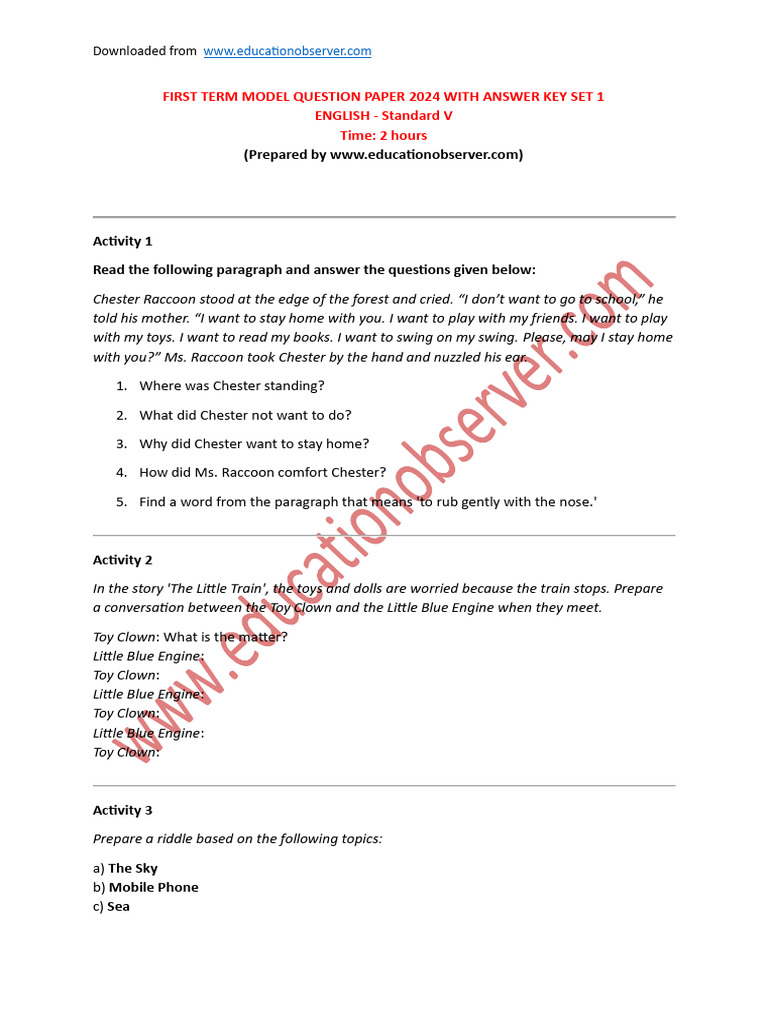 Class 5 English First Term Paper 2024 | PDF | Toys