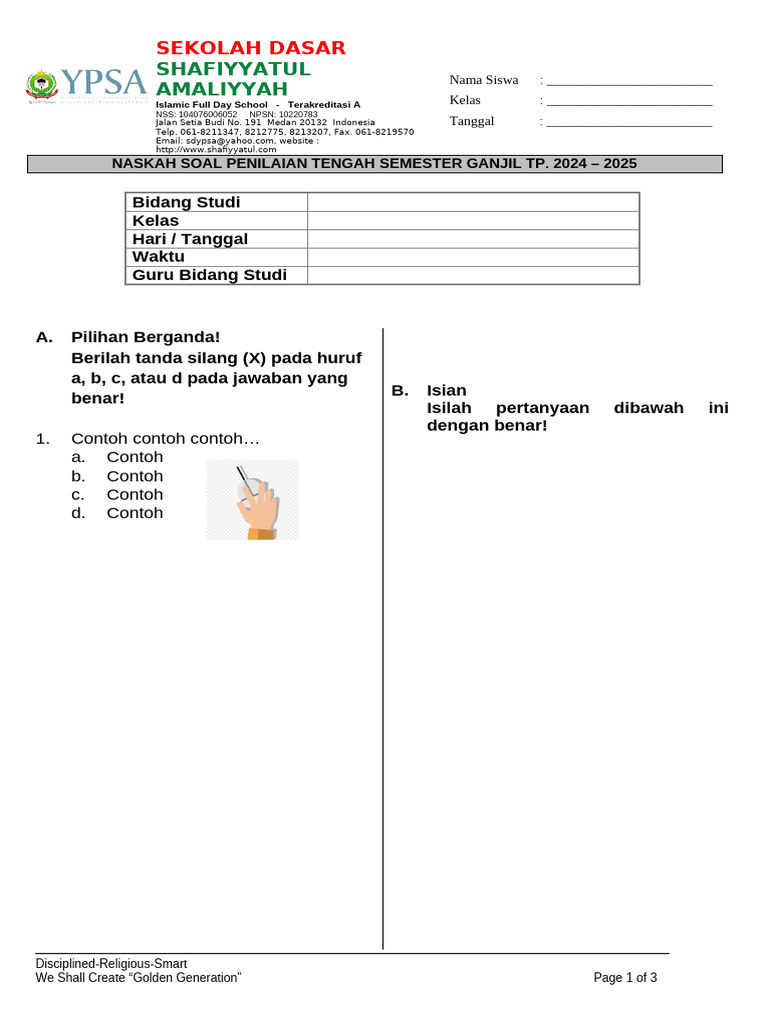 Soal Penilaian Tengah Semester SD Shafiyyatul | PDF
