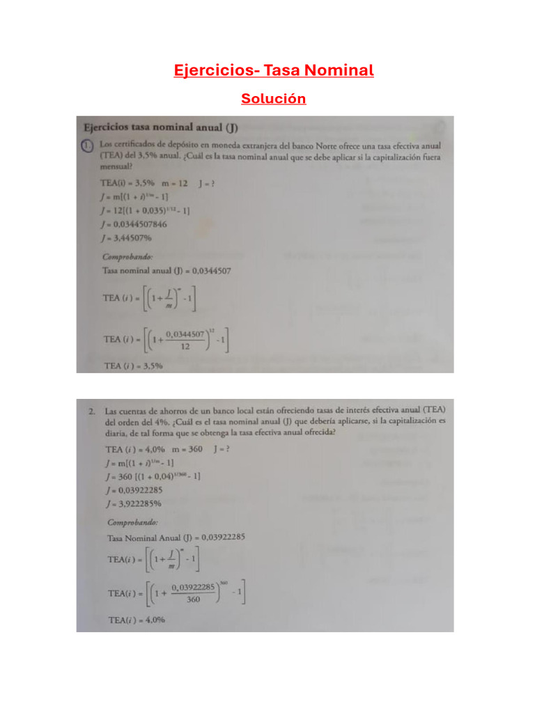 Ejercicios Tasa Nominal y Tasa Efectiva | PDF
