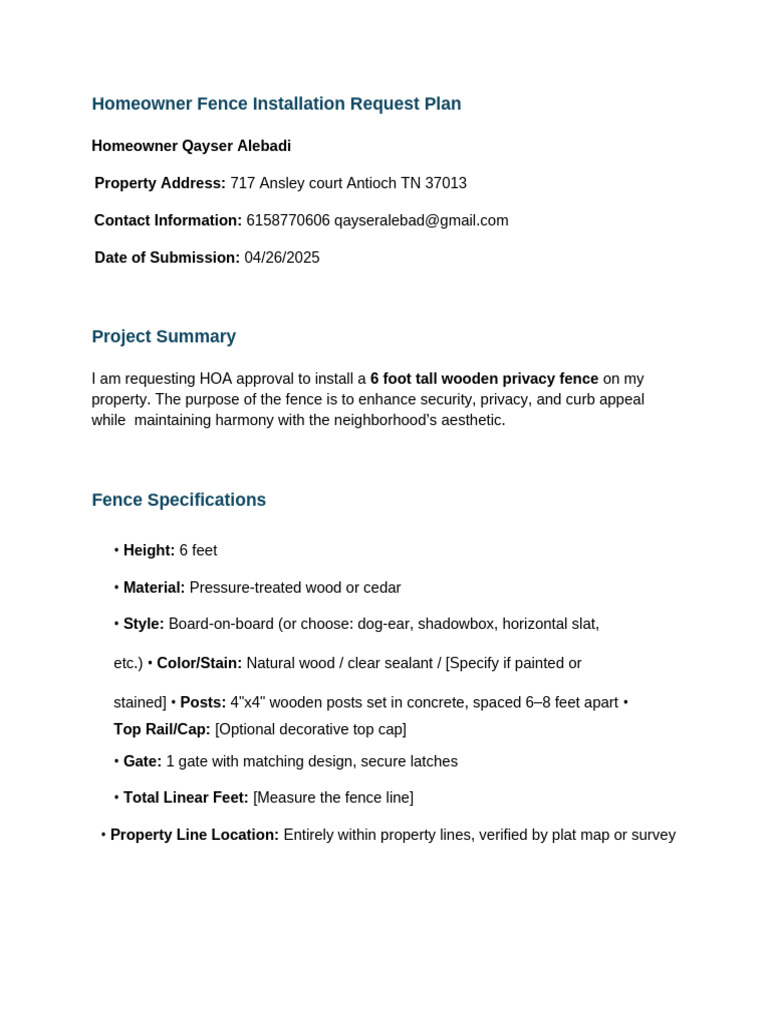 HOA Fence Installation Request Plan | PDF