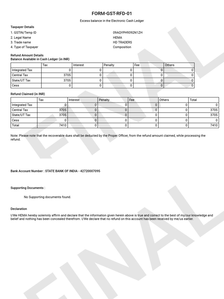 GST RFD-01 - 09AQYPH9392N1ZH - EXBCL - Form | PDF | Taxes | Economies