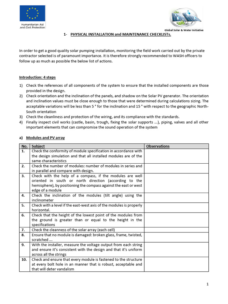 Solar Pump Installation Checklist | PDF | Solar Panel | Photovoltaics - Vision For Generating Solar Panel Installation Checklist For Triplex