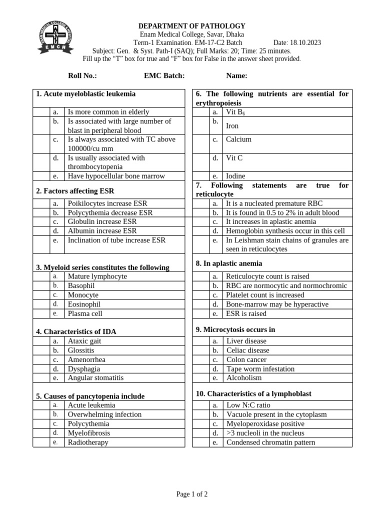 Pathology Exam Questions for EM-17-C2 | PDF | Anemia | Necrosis