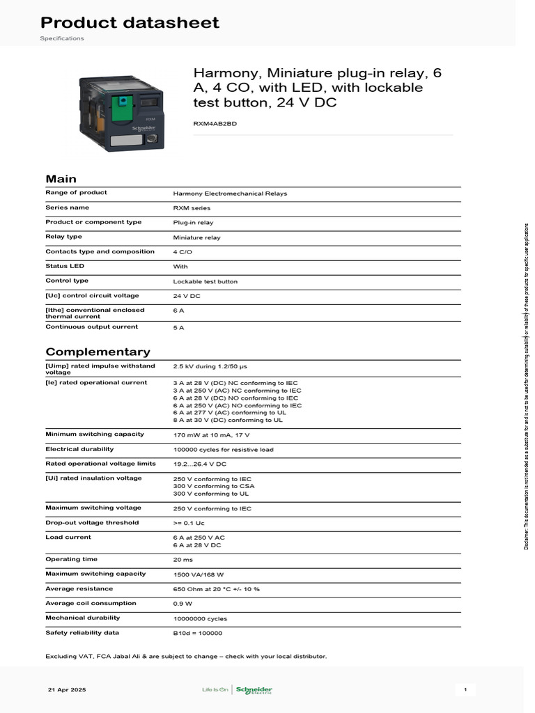 Miniature Plug-in Relay RXM4AB2BD 24V | PDF | Relay | Direct Current