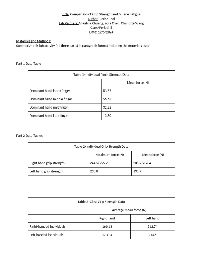 Grip Strength and Muscle Fatigue Analysis | PDF | Finger | Hand