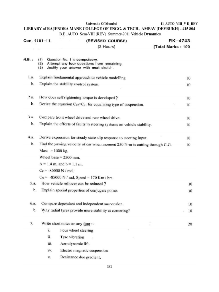 Vehicle Dynamics Course Material | PDF