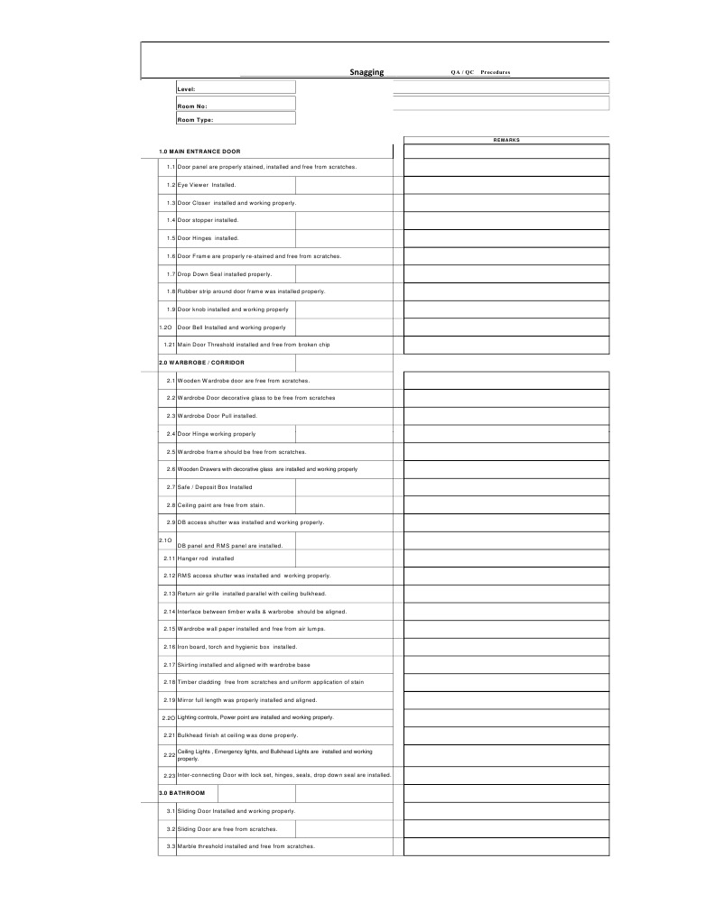 Snagging Sample Format Door Shower