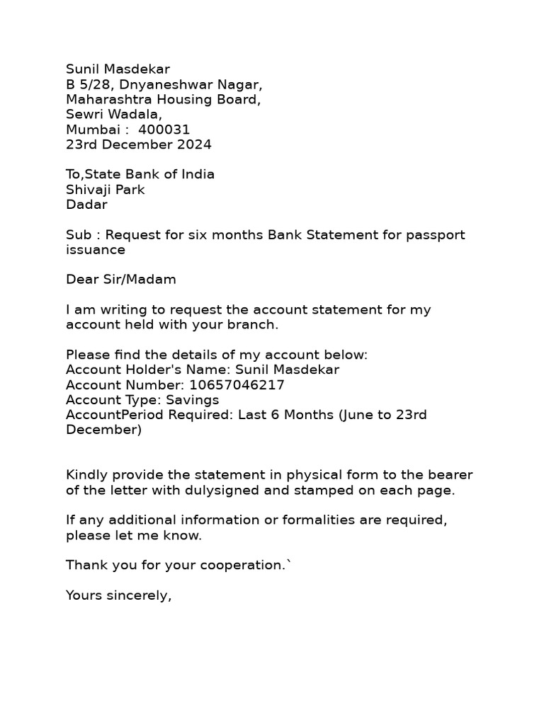 Request for Bank Statement for Passport | PDF