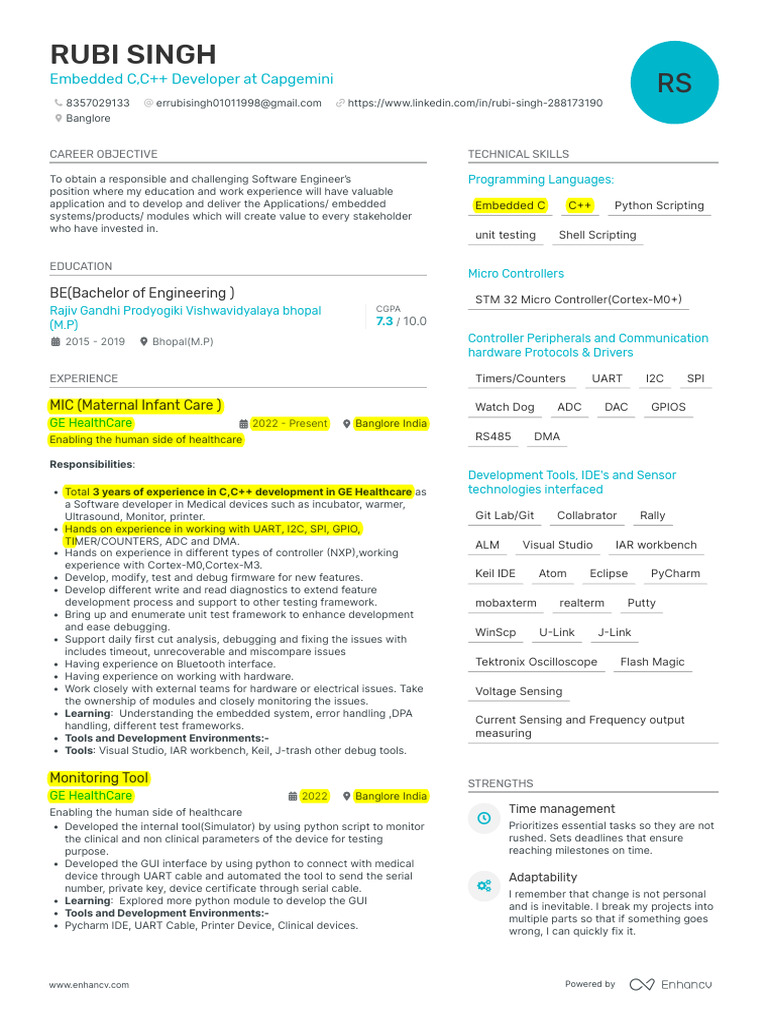 Embedded C/C++ Developer Resume | PDF | Embedded System | Microcontroller