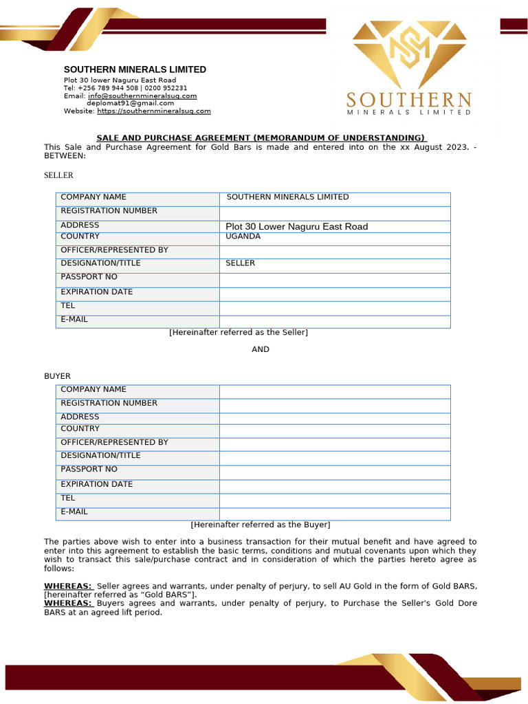 Gold Bars Sale Agreement with SML | PDF | Arbitration | United States ...