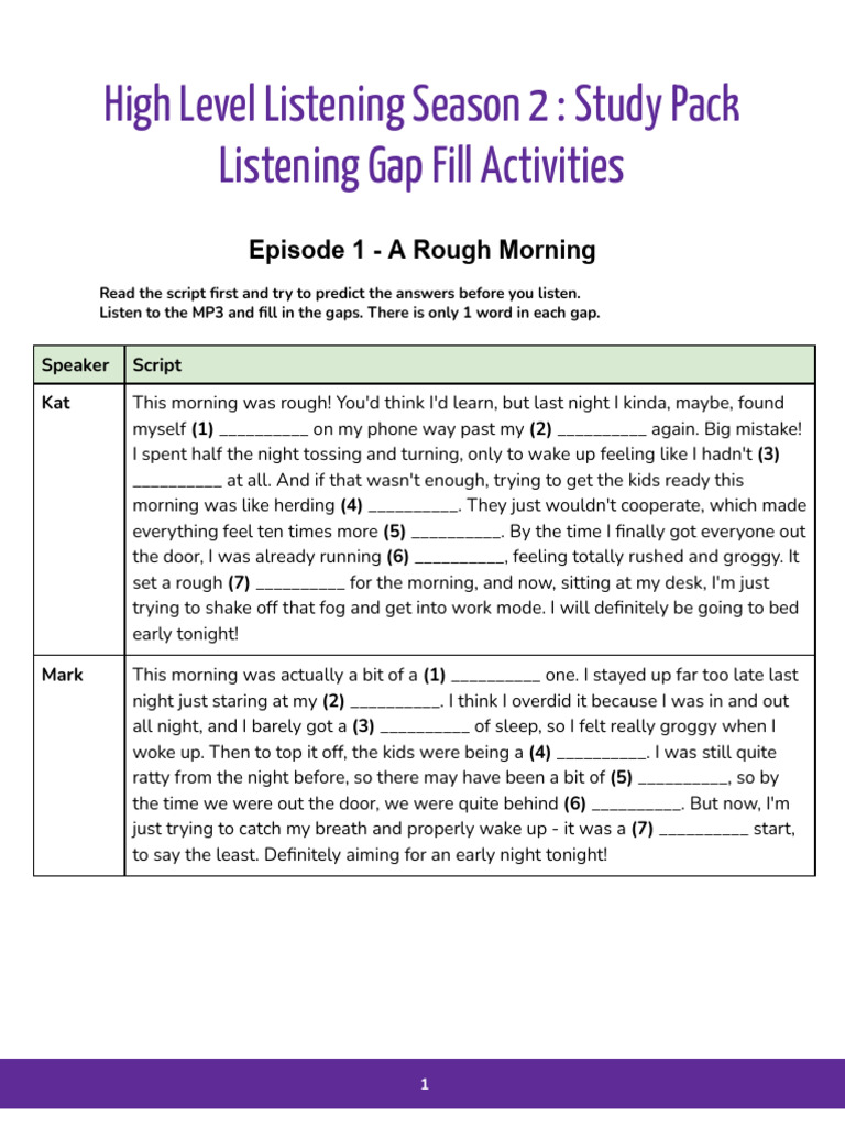 HLL - S2 E1 - Listening Gap Fill | PDF