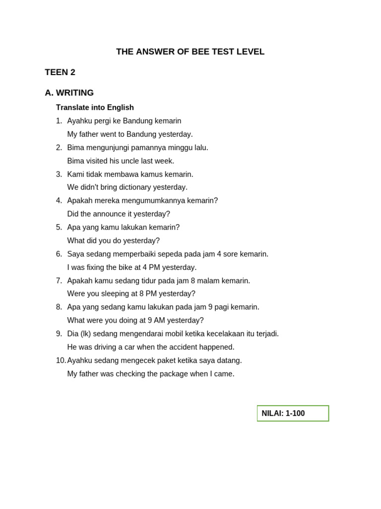 The Answer of Test Level 2 T | PDF