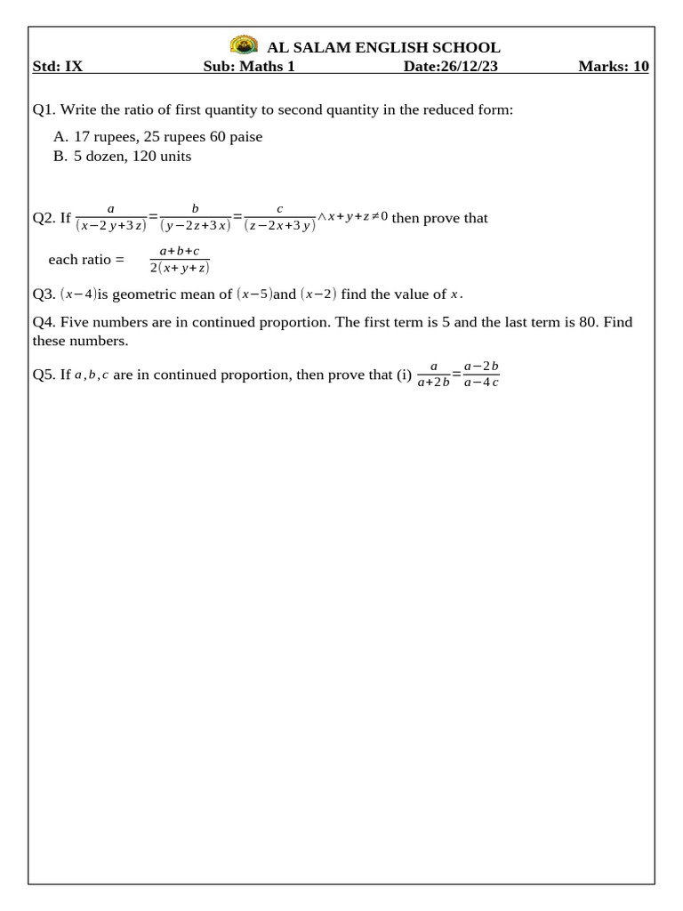 Ratio and Proportion Questions for Grade 9 | PDF