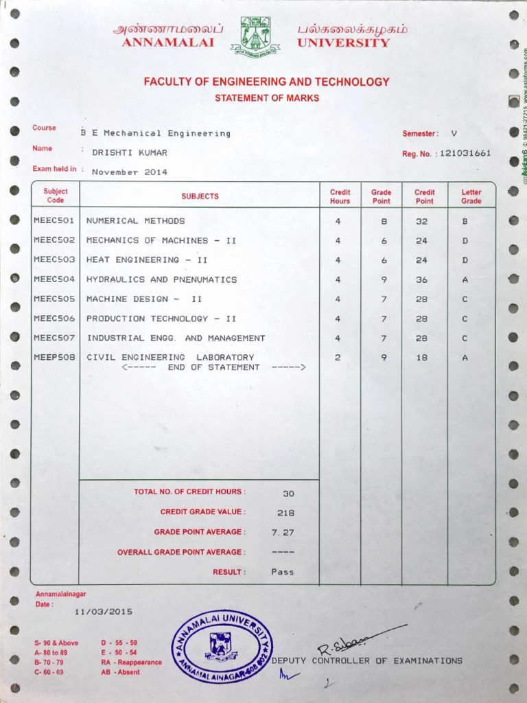 B.E. Mechanical Engineering Marksheet | PDF | Educational Stages ...
