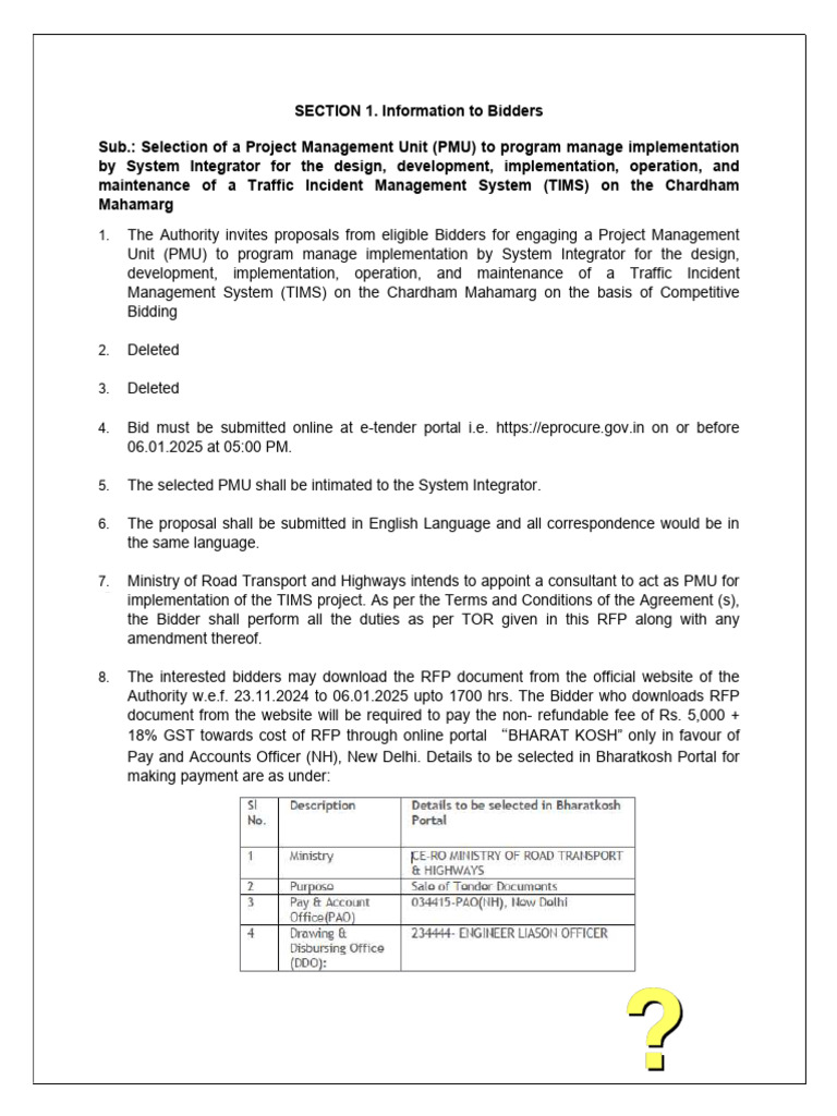 RFP for Traffic Incident Management PMU | PDF
