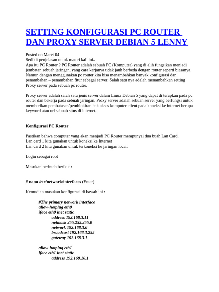 Konfigurasi PC Router dan Proxy Debian | PDF
