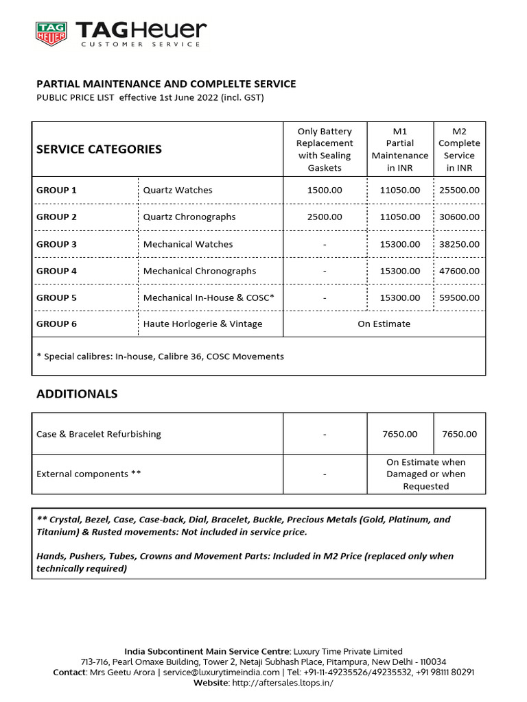 Tag Heuer Service Price List India | PDF | Watch
