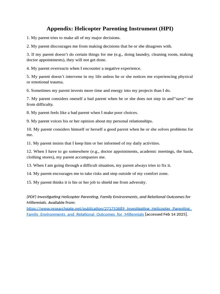 Helicopter Parenting Instrument (HPI) | PDF