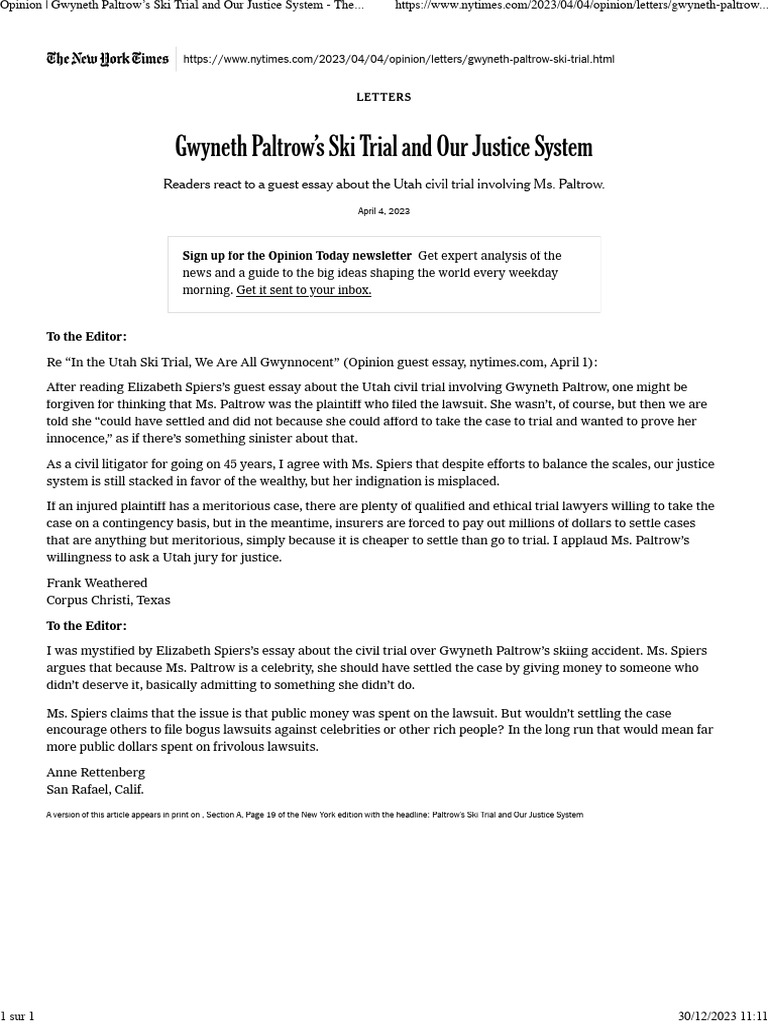Opinion Gwyneth Paltrow's Ski Trial and Our Justice System - The New ...