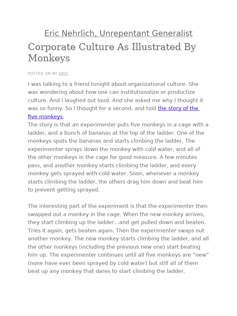 Understanding Corporate Culture Through Monkeys | PDF | Organizational ...
