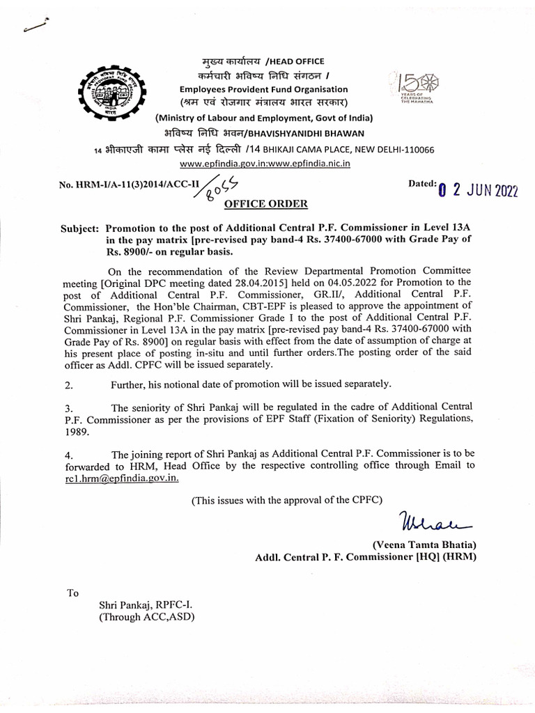 Promotion Order Shri Pankaj RPFC-I | PDF