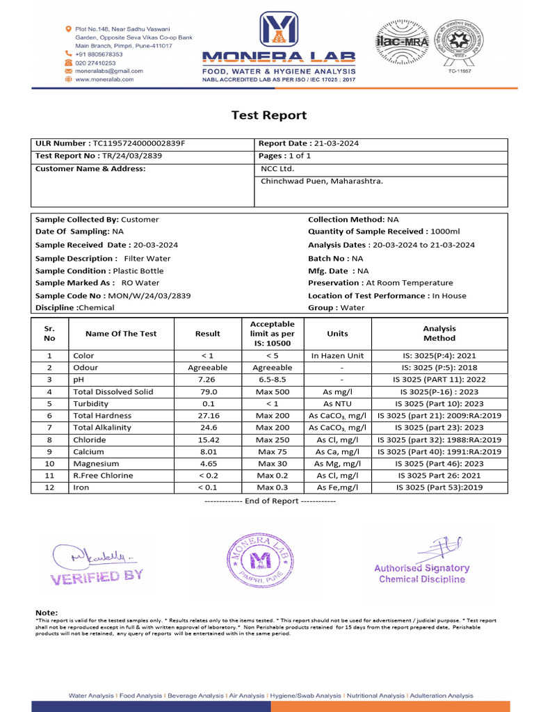 Analysis Report-2839 RO Plant 21.03.2024 | PDF | Materials