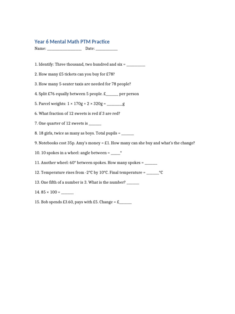 Year 6 Mental Math Practice Questions | PDF
