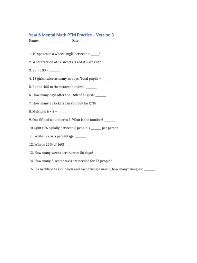Year 6 Mental Maths Practice Worksheet | PDF