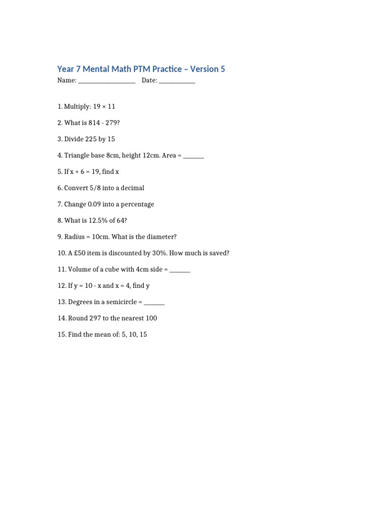 Year 7 Mental Math Practice Test | PDF