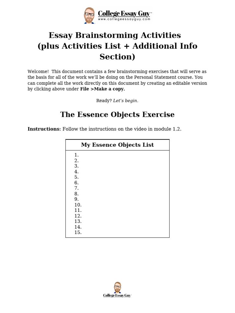 (STUDENT NAME) Essay Brainstorming Activities | PDF