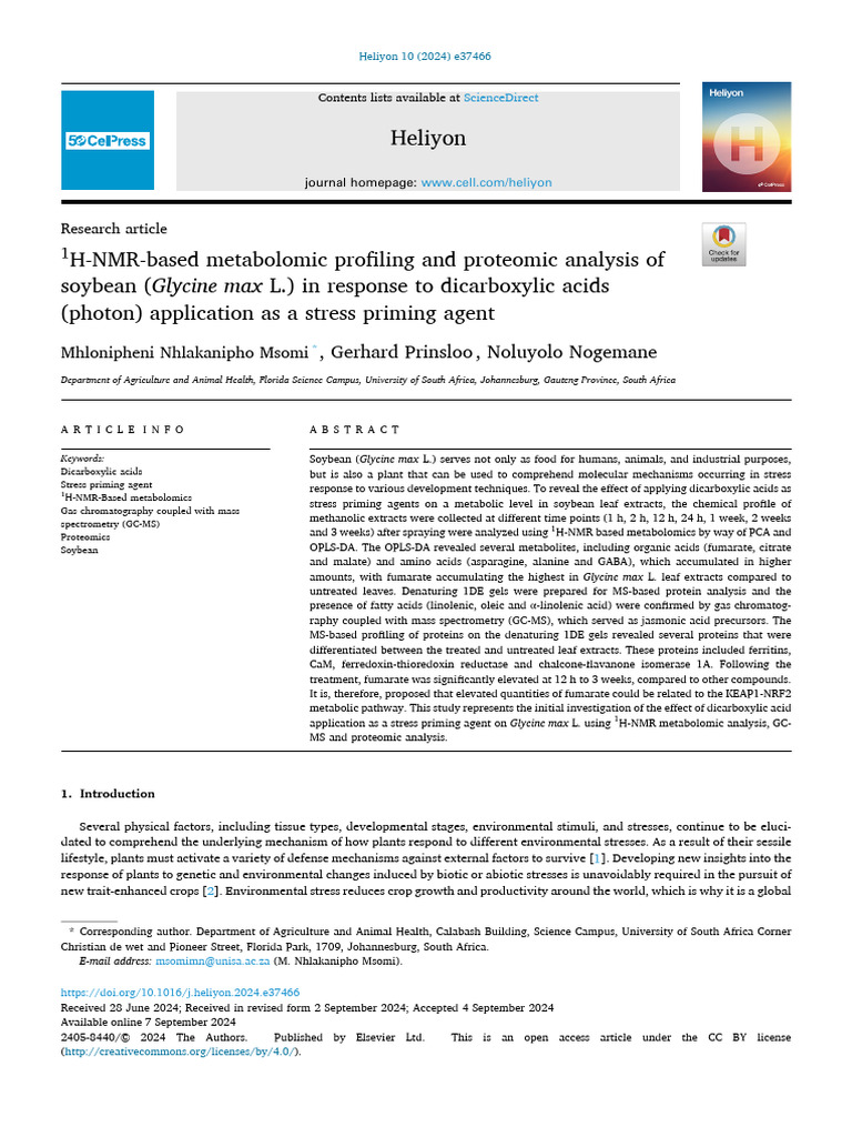 1H NMR Based Metabolomic Profiling and Proteomic Analysis of Soybean ...