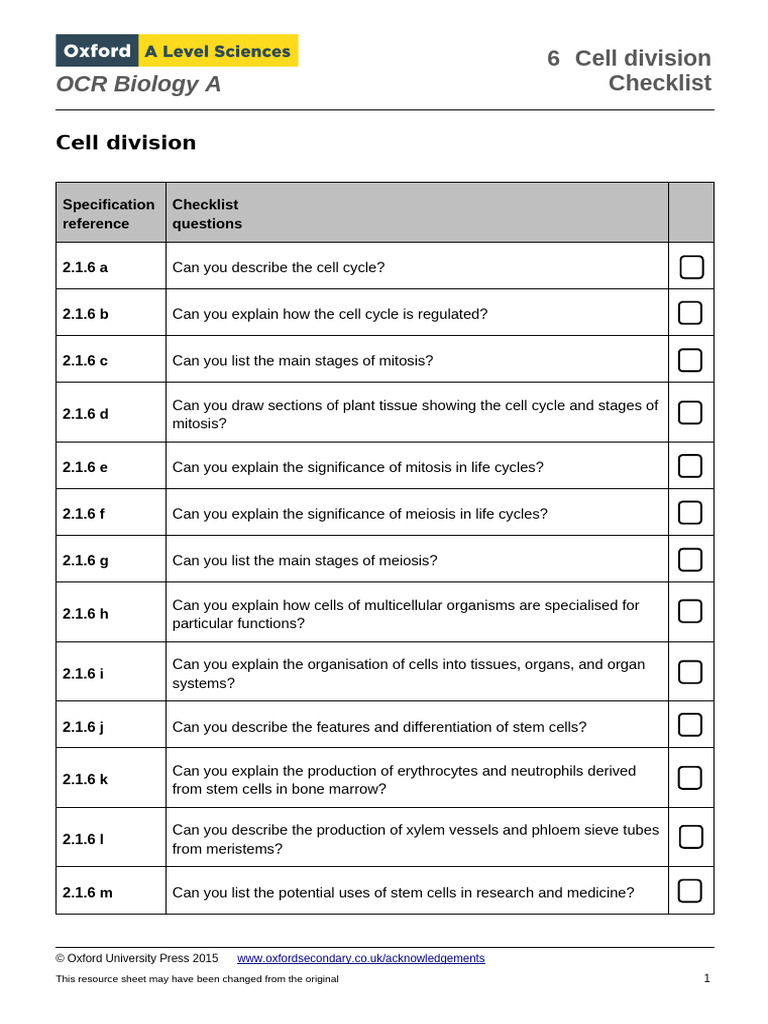 6 Cell Division Checklist | PDF