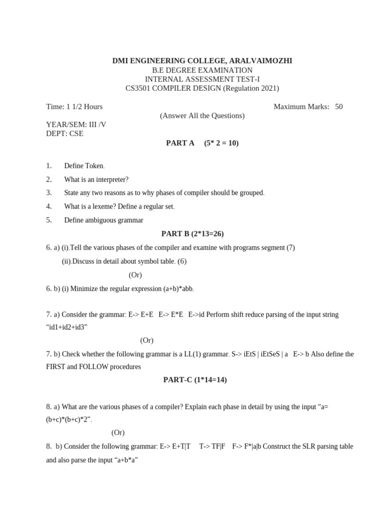 Compiler Design Assessment Test Guide | PDF