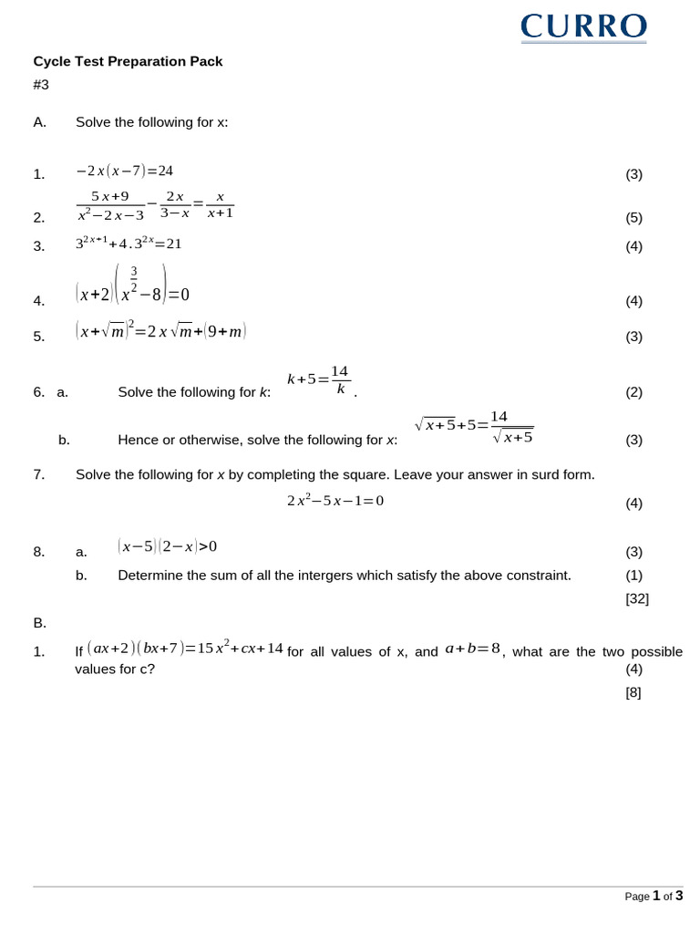 Cycle Test Prep: Algebra Solutions | PDF | Applied Mathematics