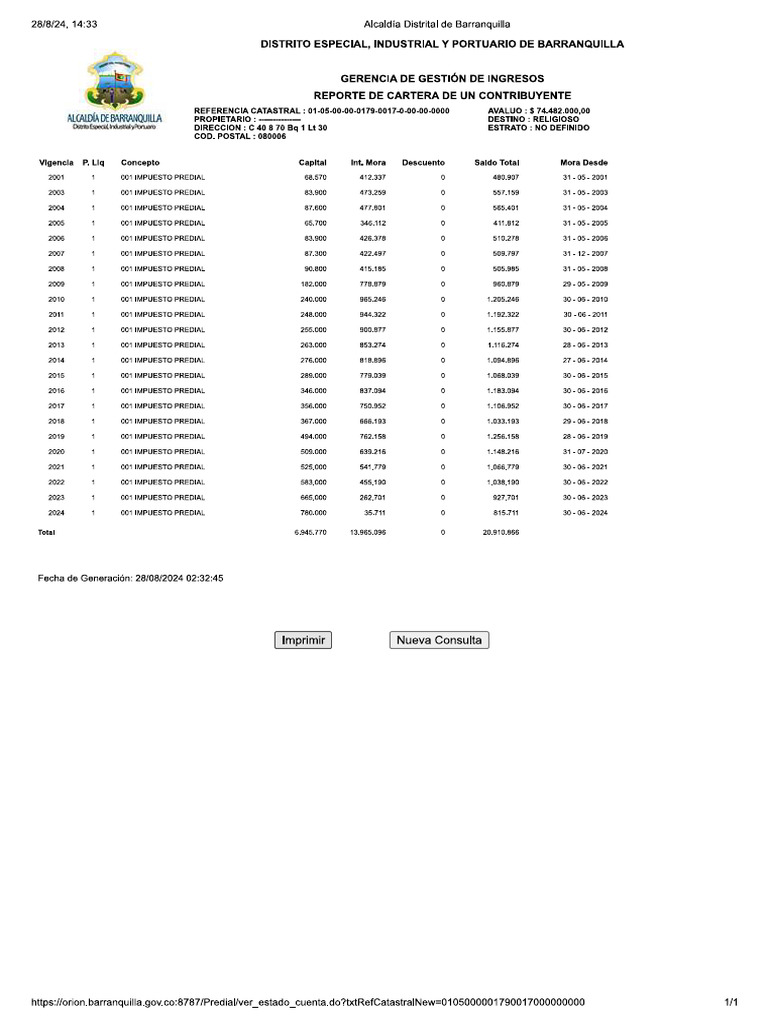 Liquidacion de Impuesto Predial Cuao | PDF