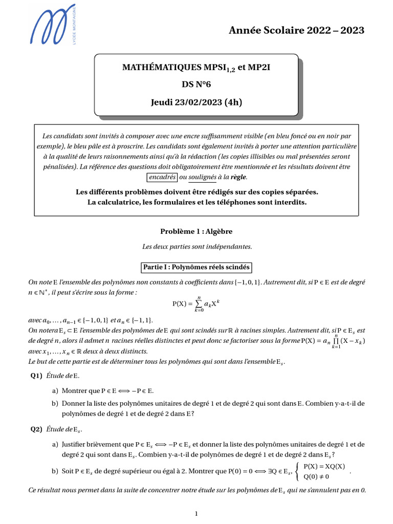 DS Mathématiques MPSI/MP2I 2023 | PDF | Zéro d'une fonction | Polynôme