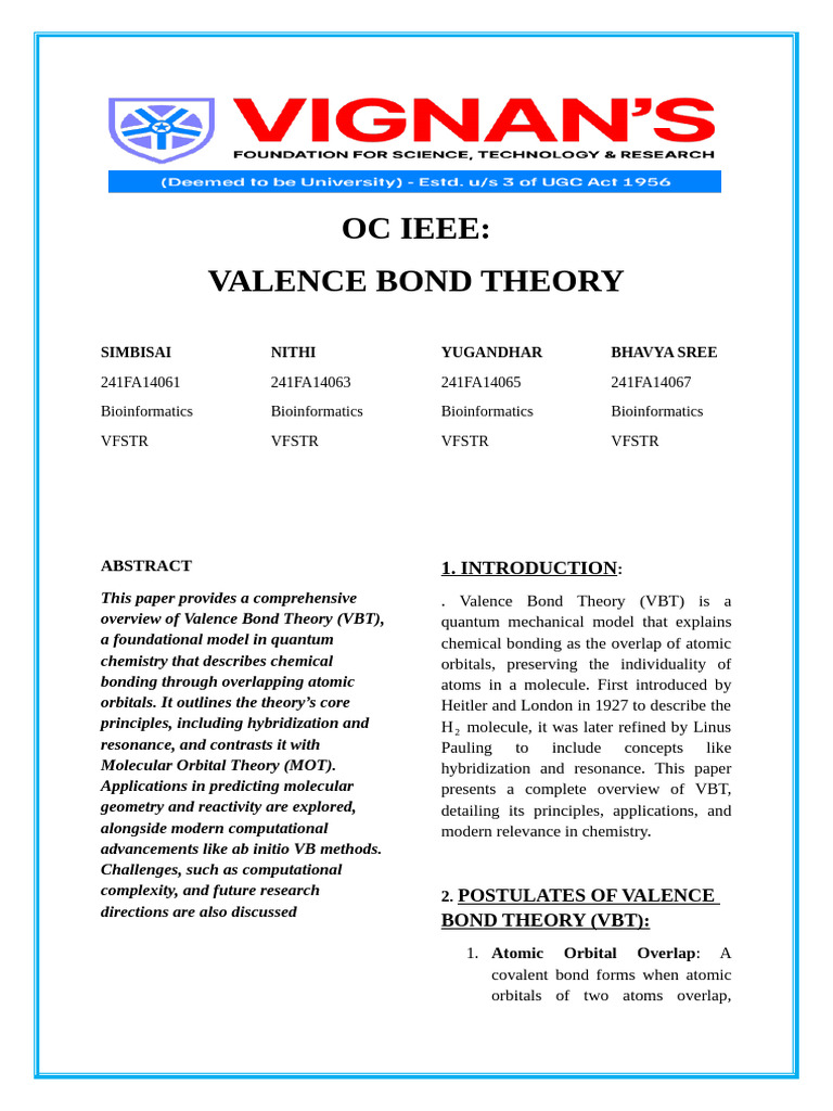 Overview of Valence Bond Theory | PDF | Chemical Bond | Molecules