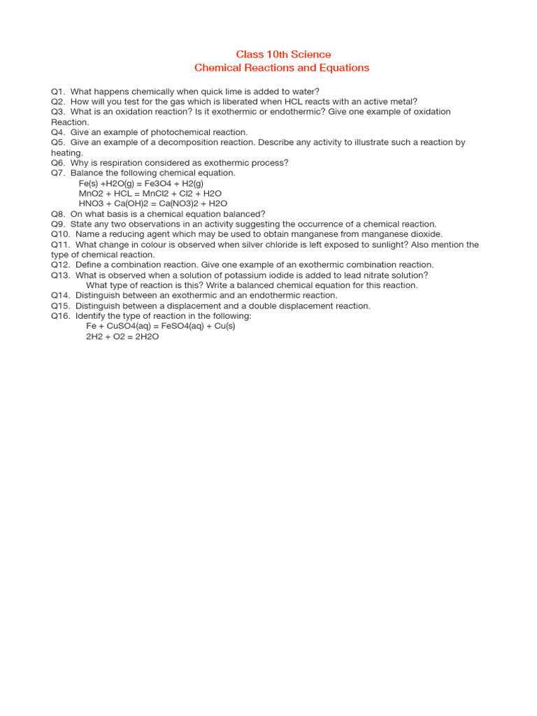 Chem R Question PPR Cls 10 | PDF