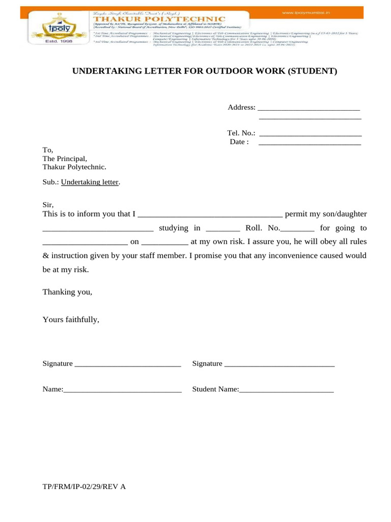 Undertaking Letter For Outdoor Work | PDF