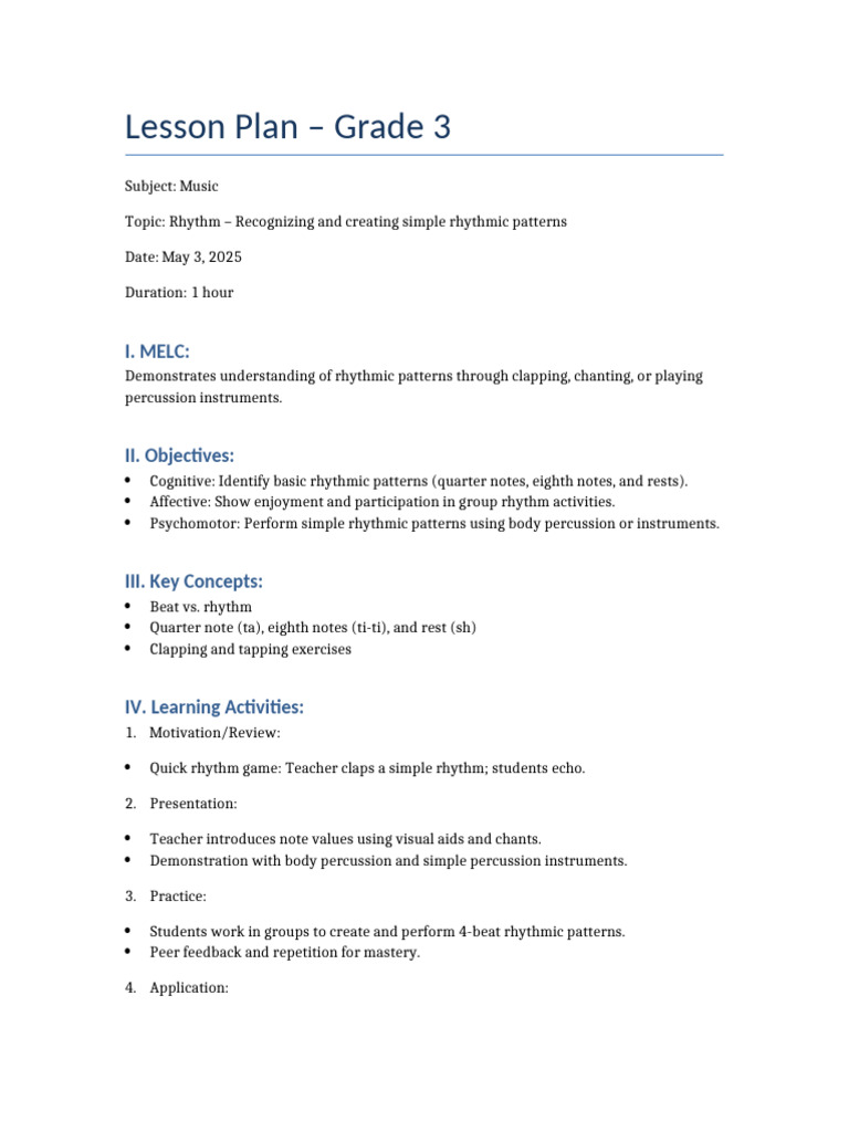 Grade 3 Music Lesson Plan | PDF