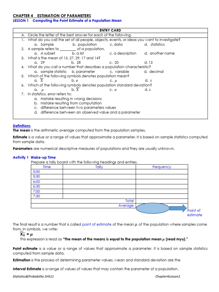 Point Estimate of Population Mean Guide | PDF | Estimator | Bias Of An ...