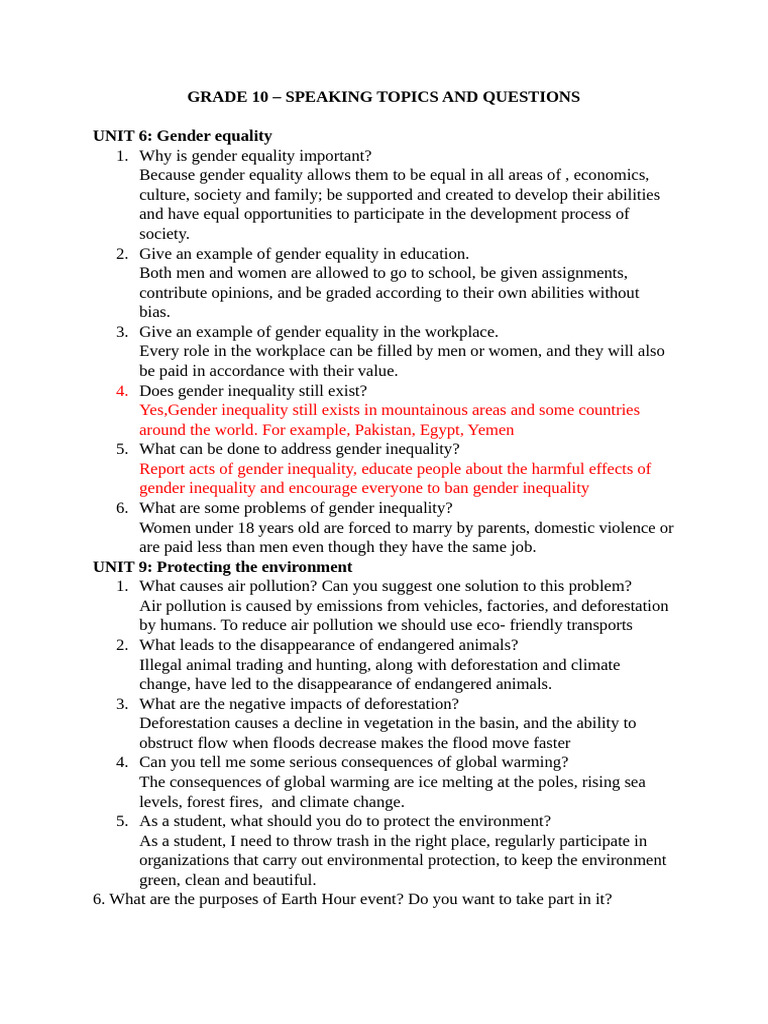 Grade 10 Speaking Topics: Equality & Environment | PDF | Climate Change ...